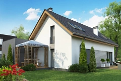 Проект мансардного коттеджа с функциональной планировкой помещений и гаражом для одной машины.