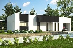 Проект современного одноэтажного дома с черно-белыми фасадами и открытым гаражом на 2 машины