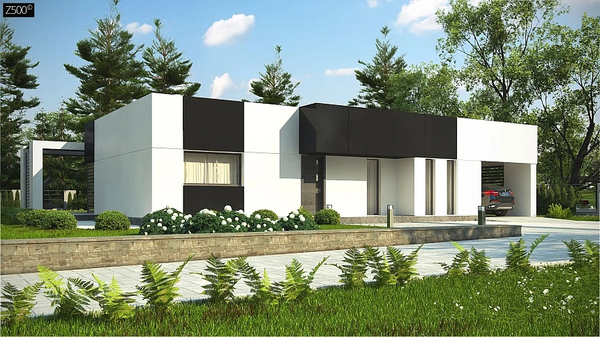 Проект современного одноэтажного дома с черно-белыми фасадами и открытым гаражом на 2 машины