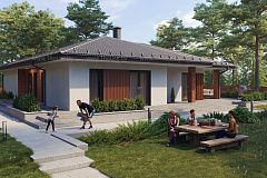 Одноэтажный дом с витражным остеклением.