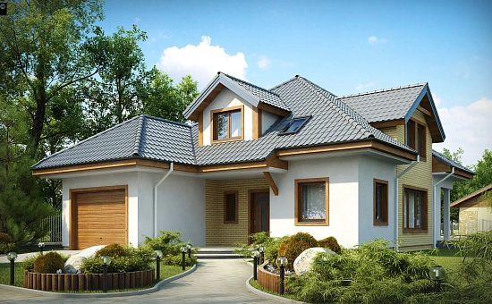 Проект дома с мансардой, с большим техническим помещением и дополнительной спальней на первом этаже.