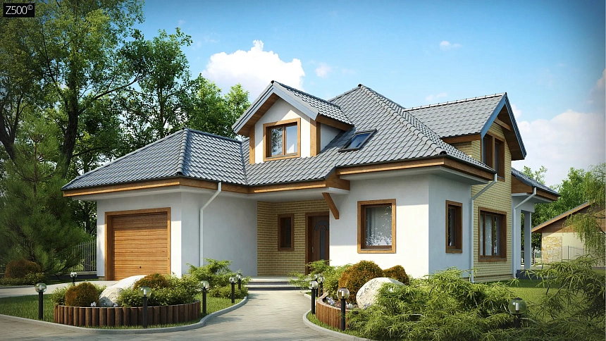 Проект дома с мансардой, с большим техническим помещением и дополнительной спальней на первом этаже.