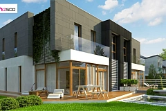 Современный двухсемейный дом с плоской кровлей и гаражом справа