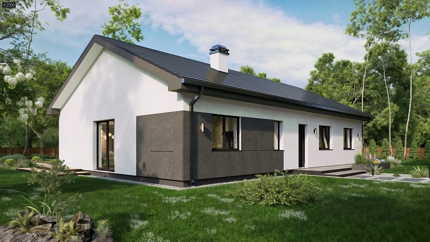 Одноэтажный дом прямоугольной формы.