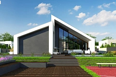 Современный дом с просторной гостиной и большим остеклением