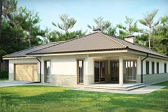 Одноэтажный дом в скандинавском стиле с дополнительной фронтальной террасой и гаражом на две машины.