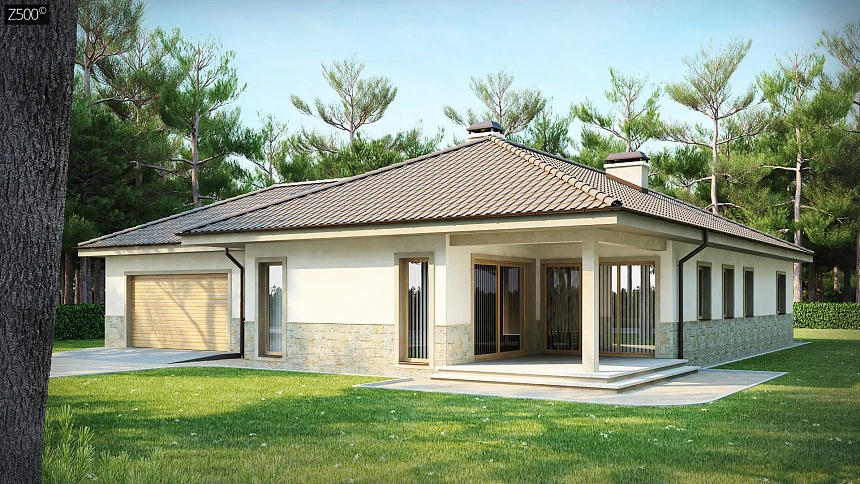 Одноэтажный дом в скандинавском стиле с дополнительной фронтальной террасой и гаражом на две машины.