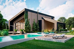 Современный дом с односкатной крышей, предназначенный для семьи 2 + 2