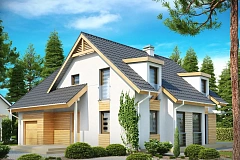 Проект комфортного дома с мансардными окнами, с фронтальным гаражом на одну машину.