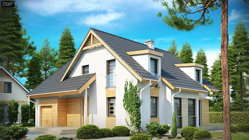 Проект комфортного дома с мансардными окнами, с фронтальным гаражом на одну машину.