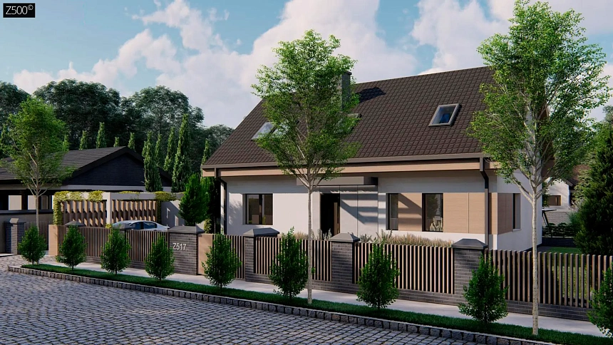 Дом с мансардой, двускатной кровлей и современным фасадом с электрокотлом