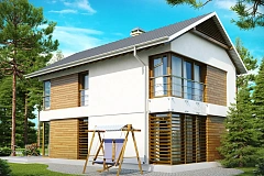 Компактный двухэтажный дом с большими окнами, подходящий для узкого участка.