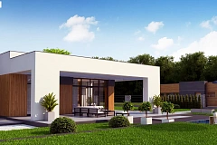 Современный одноэтажный дом с плоской кровлей и гаражом