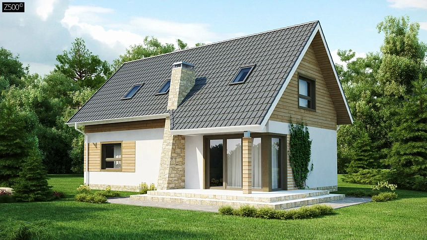 Традиционный дом простой формы с двускатной крышей, с дополнительной комнатой на первом этаже.