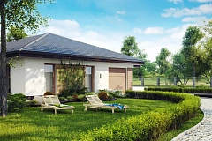 Проект одноэтажного дома с многоскатной крышей и гаражом на одну машину.