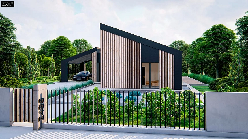 Современный дом с односкатной крышей, предназначенный для семьи 2 + 2