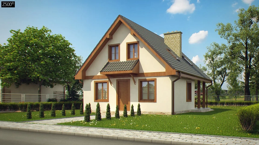 Проект компактного дома с мансардой с двускатной крышей