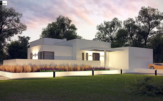 Современный проект с уникальным дизайном, оштукатуренным фасадом и гаражом