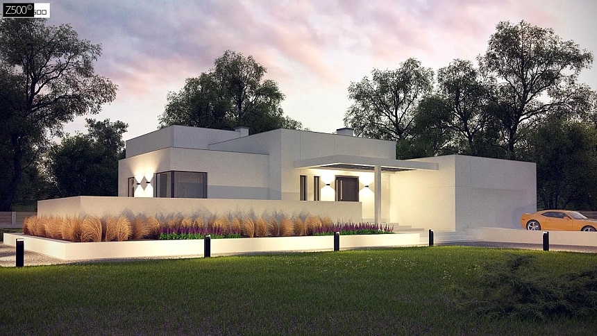 Современный проект с уникальным дизайном, оштукатуренным фасадом и гаражом