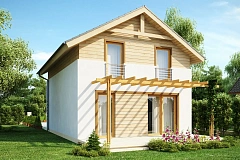 Простой и удобный дом для узкого участка с высокой аттиковой стеной.