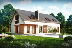 Удобный дом простой формы с двускатной кровлей, с гаражом для двух авто.