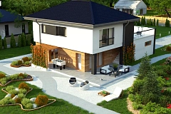 Проект двухэтажного коттеджа с низкой четырехскатной кровлей и большой террасой на втором этаже