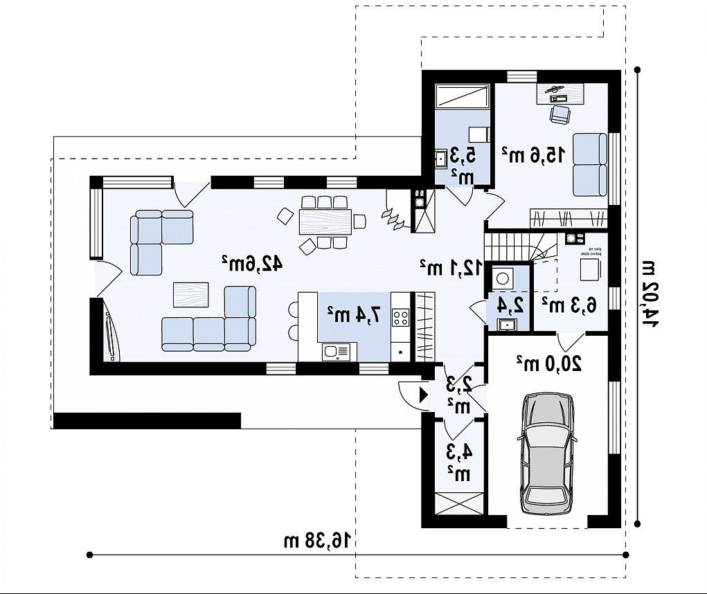 Первый этаж 92,8 / 121,4 м² дома Zx70