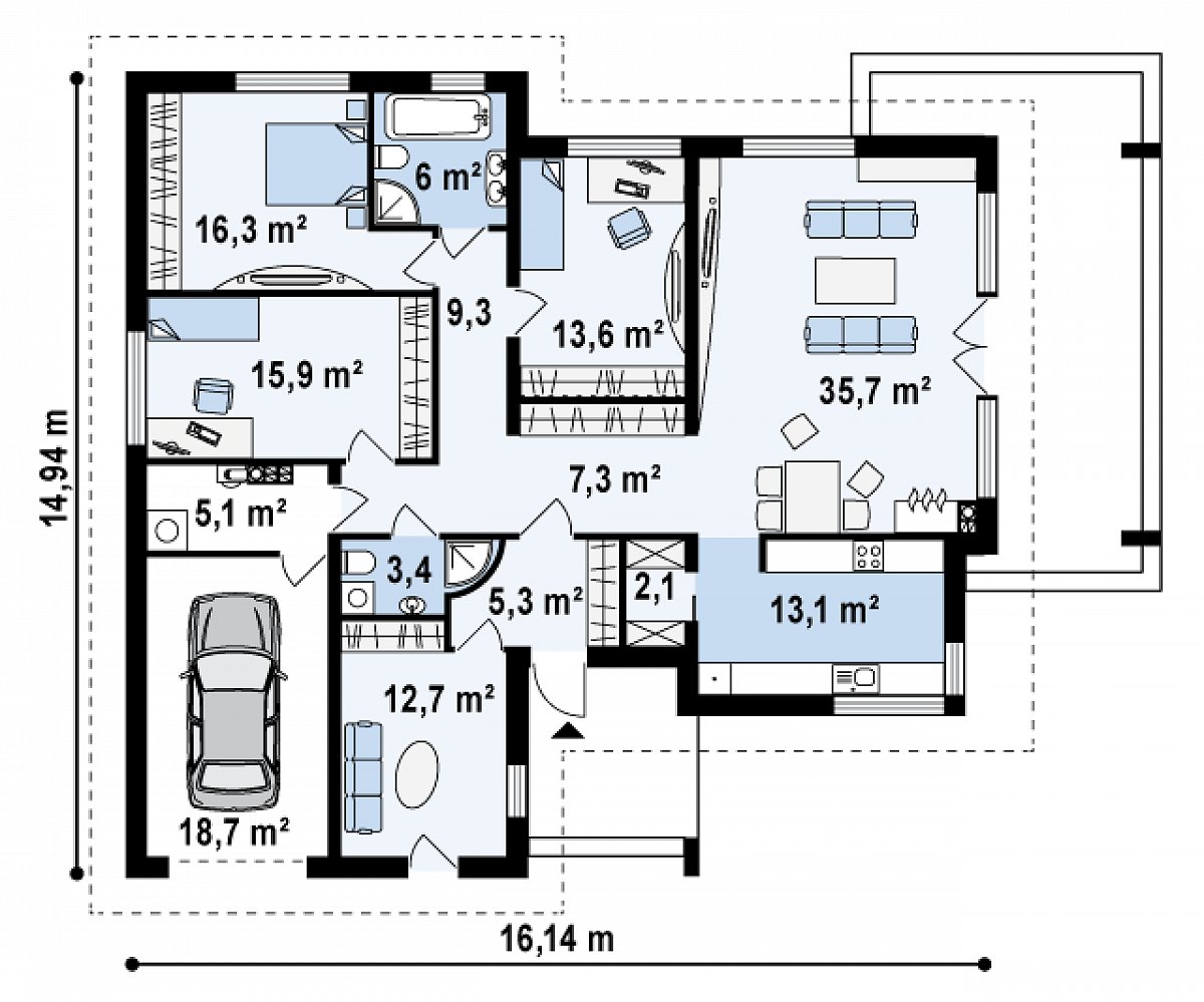 Первый этаж 140,7 (164,4 м²) дома Z201