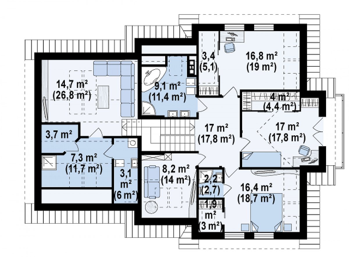 Второй этаж 119,6 (156,2 м²) дома Z70