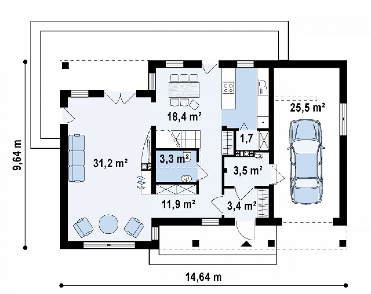 Первый этаж 73,4 (98,9 м²) дома Zx43