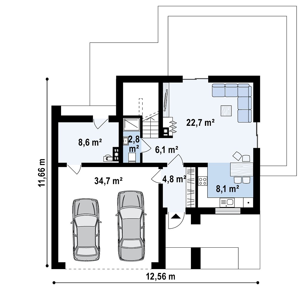 Первый этаж 44,5 / 87,8 м² дома Zx73
