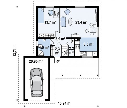 Первый этаж 58,3 / 79,3 м² дома Z39 B GF lk