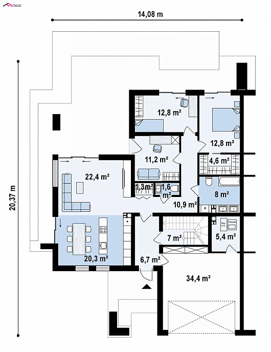 Первый этаж 124,7 / 159,1 м² дома Zb22