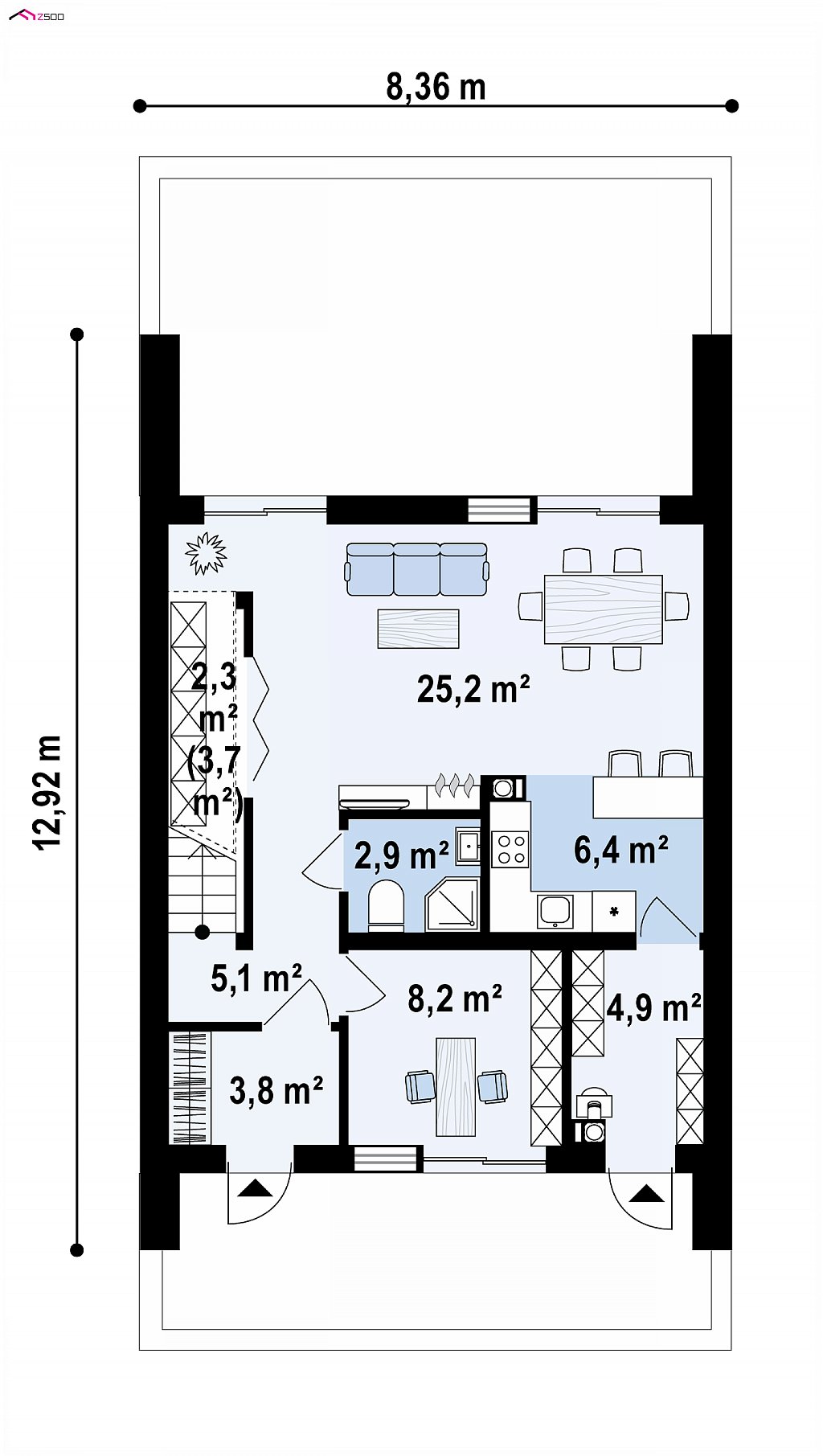 Первый этаж 53,8 / 58,8 м² дома Z442