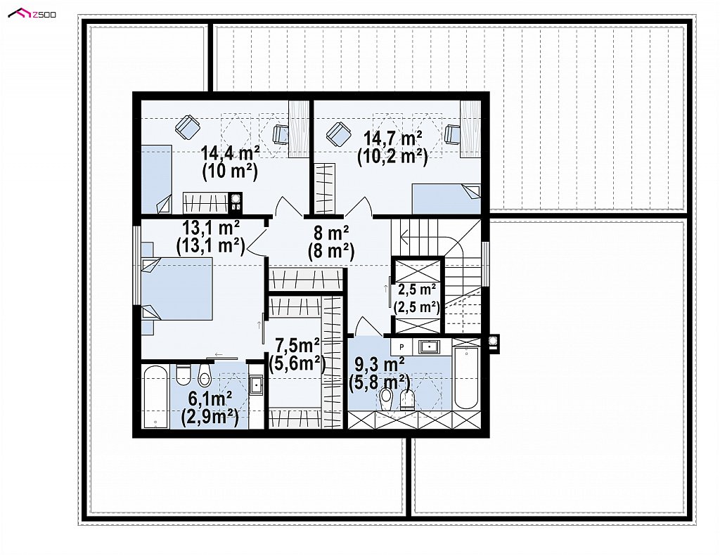 Второй этаж 57,2 / 74,8 м² дома Zx156