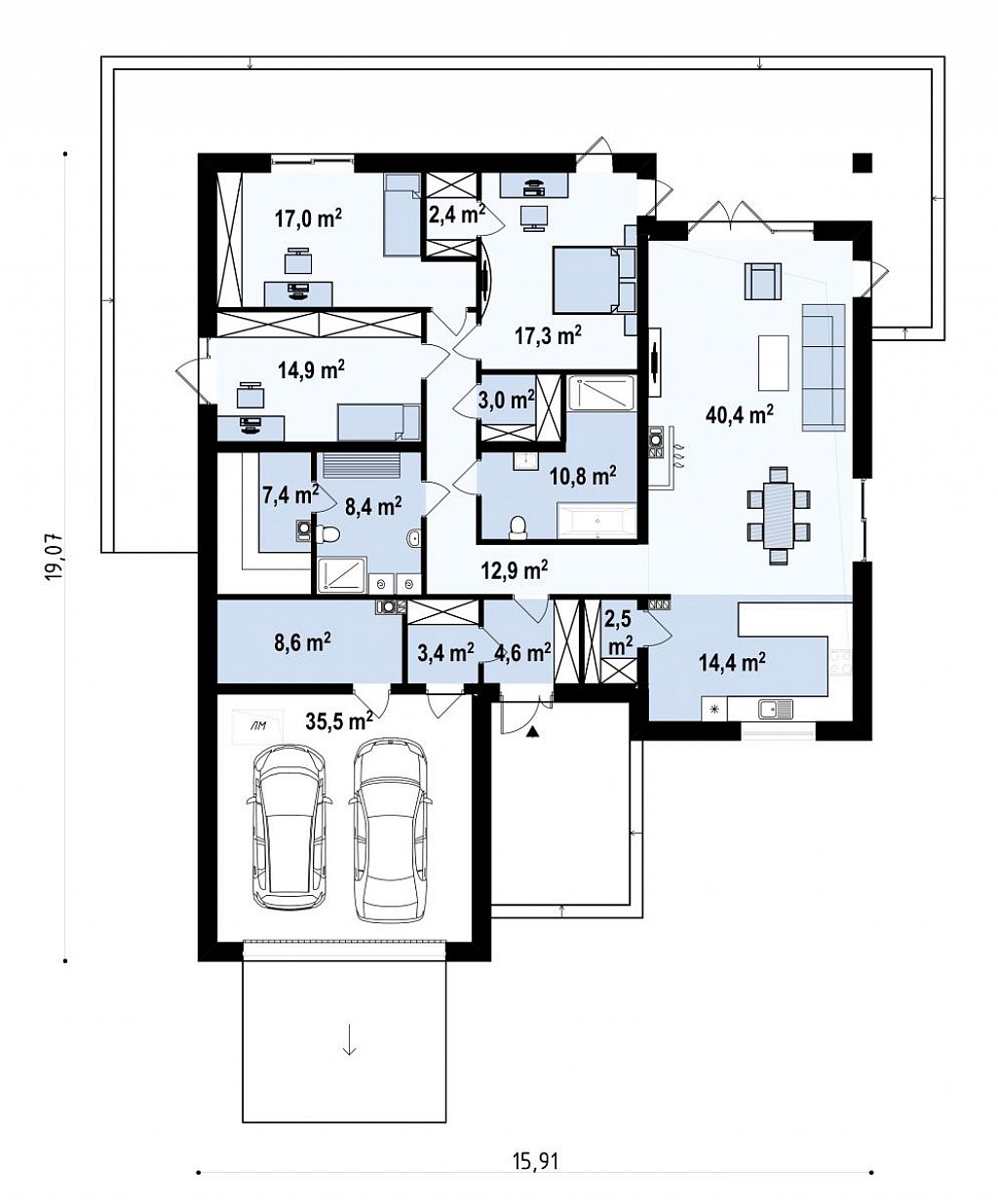 Первый этаж 89,6 / 224,9 м² дома Z199 v1