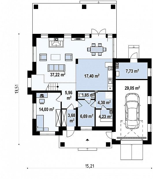 Первый этаж 133,8 м² дома Zz2 L + pk