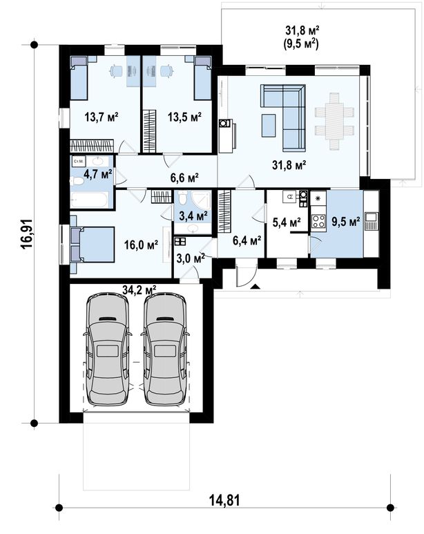 1-ый этаж 148,2 / 157,7 m² дома Zx35 GL2 v2